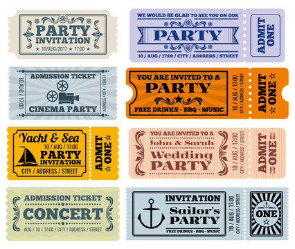 Entertainment, party and cinema vector vintage tickets and coupons templates. Ticket to party wedding and ticket for entertainment illustration