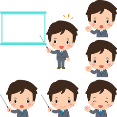 解説するスーツの男性とホワイトボード