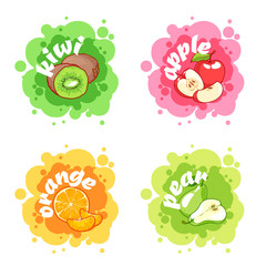 Four stickers with different fruits. Kiwi, apple, orange and pea