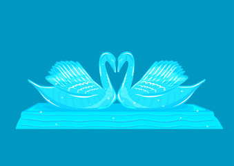 Sparkling Swan Couple Sculpture made of Ice, Glass or Crystal. Editable Clip art.
