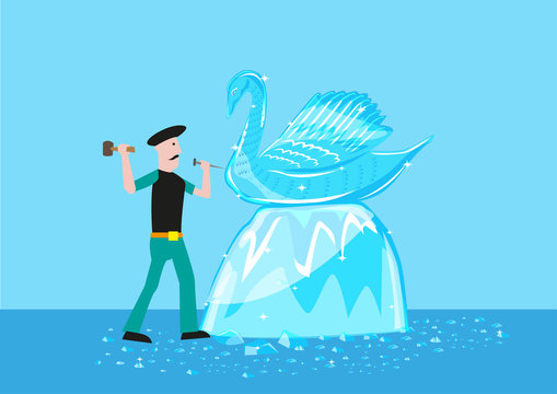An artist sculpts a swan form out of ice or crystal material. Editable Clip Art.
