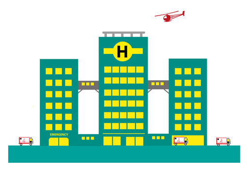 Hospital Building with Air and Land ambulances. Editable Clip Art.
