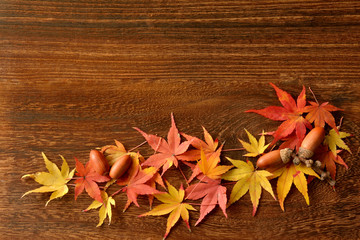 モミジの紅葉　木目背景　
