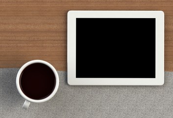 Coffee cup with tablet on gray fabric and wood table, 3D rendering