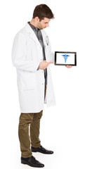 Doctor holding tablet - Caduceus symbol