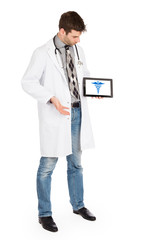 Doctor holding tablet - Caduceus symbol