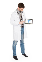 Doctor holding tablet - Caduceus symbol