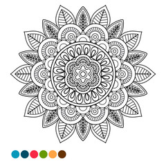 Circle black and white mandala ornament antistress coloring page with colors samples