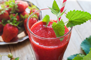 Glass Fresh Strawberry Smoothie Juice Fruits Mint