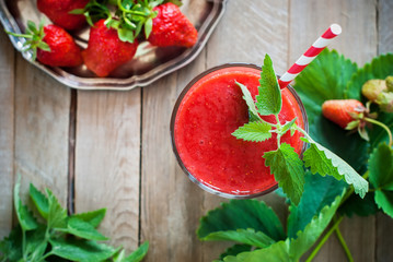 Glass Fresh Strawberry Smoothie Juice Fruits Mint