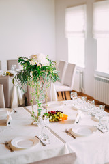 Flowers Of Roses And Peonies On Table. Decoration For Wedding Ce