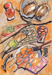 summer BBQ, l drawing on recycle paper