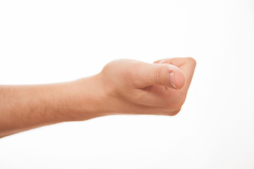 Male hand indicating sideways