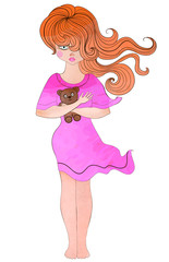 teen girl hugging teddy bear the wind develops your hair and dress