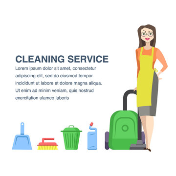 Cleaning service illustration with cartoon woman character and house cleaning tools.