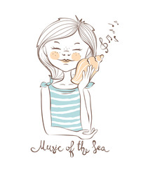 Music of the Sea/Girl listening to sound of the sea in a shell