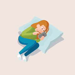 Young girl lying on pillow with smartphone, vector illustration, EPS 10