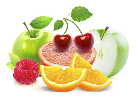 Apples and cirtus, cherry, raspberry isolated on white background with clipping path. Red apple with cherry. Cherry with red apple and green leaves. Citrus fruits.