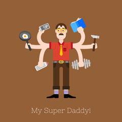 Busy multitasking man, father, dad, daddy, romantic husband, businessman, worker. Working, calling and doing exercise at the gym flat vector