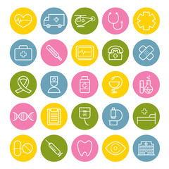 Collection of 25 linear medical icons. Thin icons for web, mobile apps design