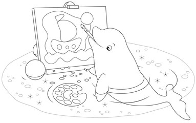 beluga whale drawing a picture with a brush and paints