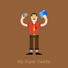 Busy multitasking man, father, dad, daddy, romantic husband businessman worker Flat vector