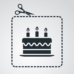 Icono plano tijeras cortando cupón con tarta de cumpleaños en fondo degradado