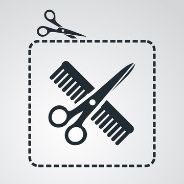 Icono plano tijeras cortando cupon con peluqueria en fondo degradado