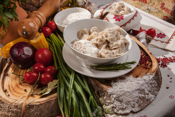 Dumplings on the plate with decoration
