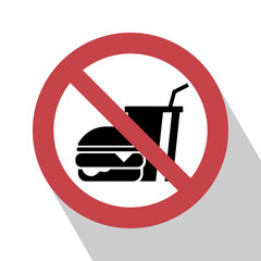 No food sign. No food sign red prohibition. All in a single layer. No food allowed symbol, isolated on white background. Stop flat symbol. No food sign with Long Shadow. No eating vector sign.