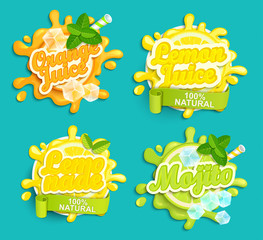 Set of Lemonade, Orange, Lemon Juice, Mojito labels splash.
