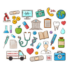 Medical icon set.Vector cartoon Medical doddle set.Hand draw and isolated on a white background.Health set vector icon
