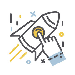 Start up business concept. Vector thin line  business hand launch rockets concept icon isolated on a white background