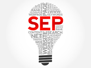 SEP (search engine positioning) bulb word cloud, business concept