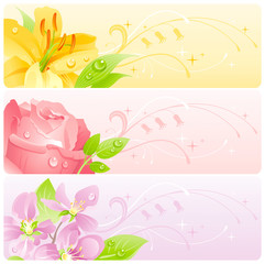 Fototapeta na wymiar Summer flowers banner set with natural background. Yellow lily, rose, cherry blossom flower for invitation design - wedding card, birthday, bridal shower, mothers day and more.