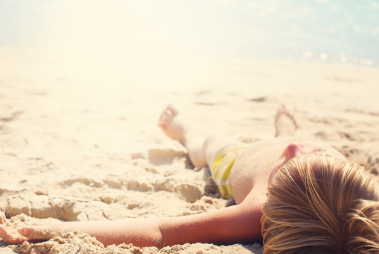 Suntan Boy Lie Down Sand Sea Sunny Day Travel