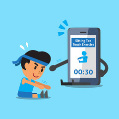 Cartoon smartphone helping man to do sitting toe touch exercise