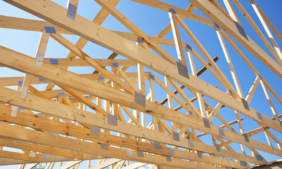 Roofing Construction. Wooden Roof Frame House Construction. - obrazy, fototapety, plakaty