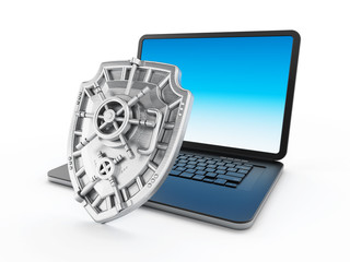 Iron shield protecting laptop computer. 3D illustration
