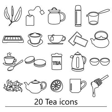 tea theme black simple outline icons set eps10