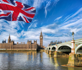 Fototapeta na wymiar Big Ben with flag of United Kingdom in London, UK