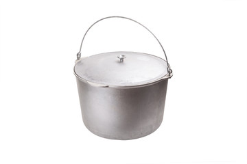 new aluminum camping pot or cauldron isolated on white