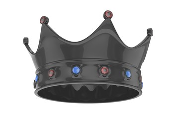 Black royal crown with blue and red gems on white. 3D rendering.