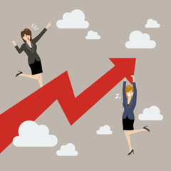 Business woman standing on a growing graph with woman hold on gr