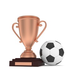 Isolated bronze cup with ball on white background. Soccer and football. Third place trophy. Game and competition. 3D rendering