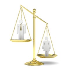 Isolated old fashioned pan scale with man and woman on white background. Gender inequality. Female is heavier. Law issues. Silver model. 3D rendering.