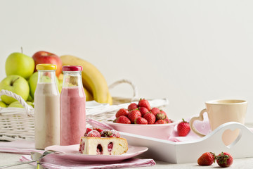 Breakfast. Strawberry cake and coffee, fruit and berries strawbe
