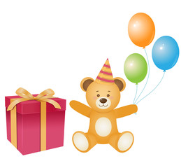 Smiling brown teddy bear with gift box, baloons.. Design elements.Cartoon style.Isolated on wtite backround.Vector illustration