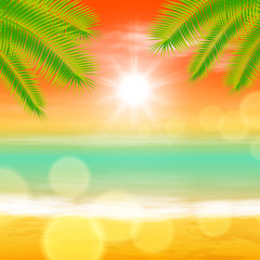Naklejka na ściany i meble Sea sunset with palmtree leaves and light on lens