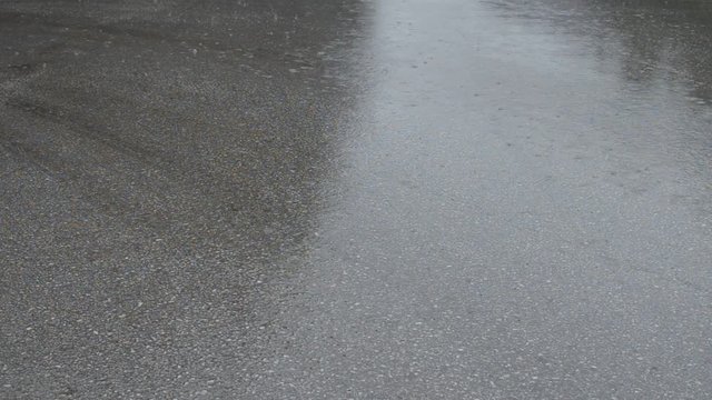 Spring rain is falling on asphalt surface